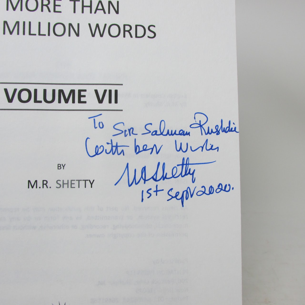 M.R. Shetty: 'English Couplets...' with Handwritten Dedication to Salman Rushdie