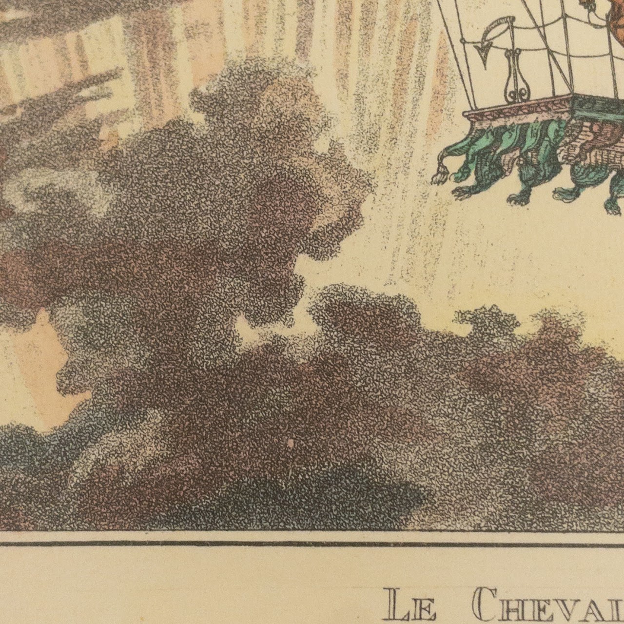 French Aquatint "Le Cheval Areonaute" In Gilded Pocker Frame