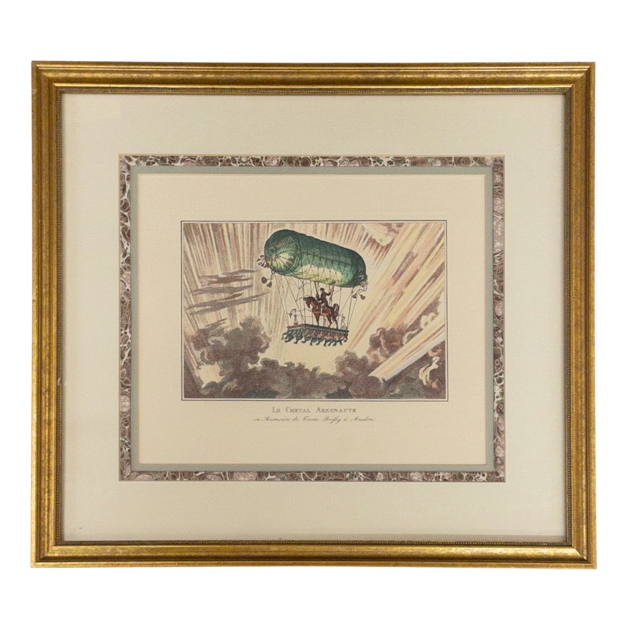 French Aquatint "Le Cheval Areonaute" In Gilded Pocker Frame