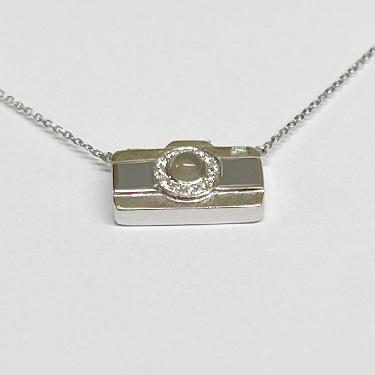 18K White Gold, Diamond, Enamel, and Opalescent Glass Camera Pendant Necklace