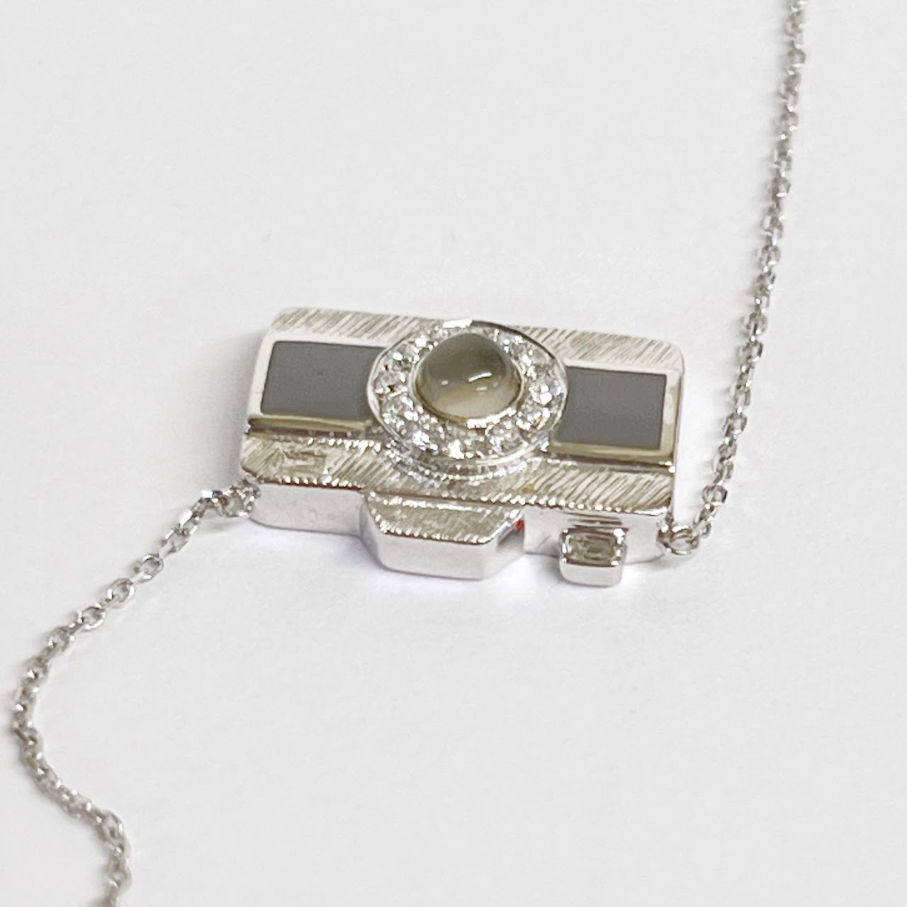 18K White Gold, Diamond, Enamel, and Opalescent Glass Camera Pendant Necklace