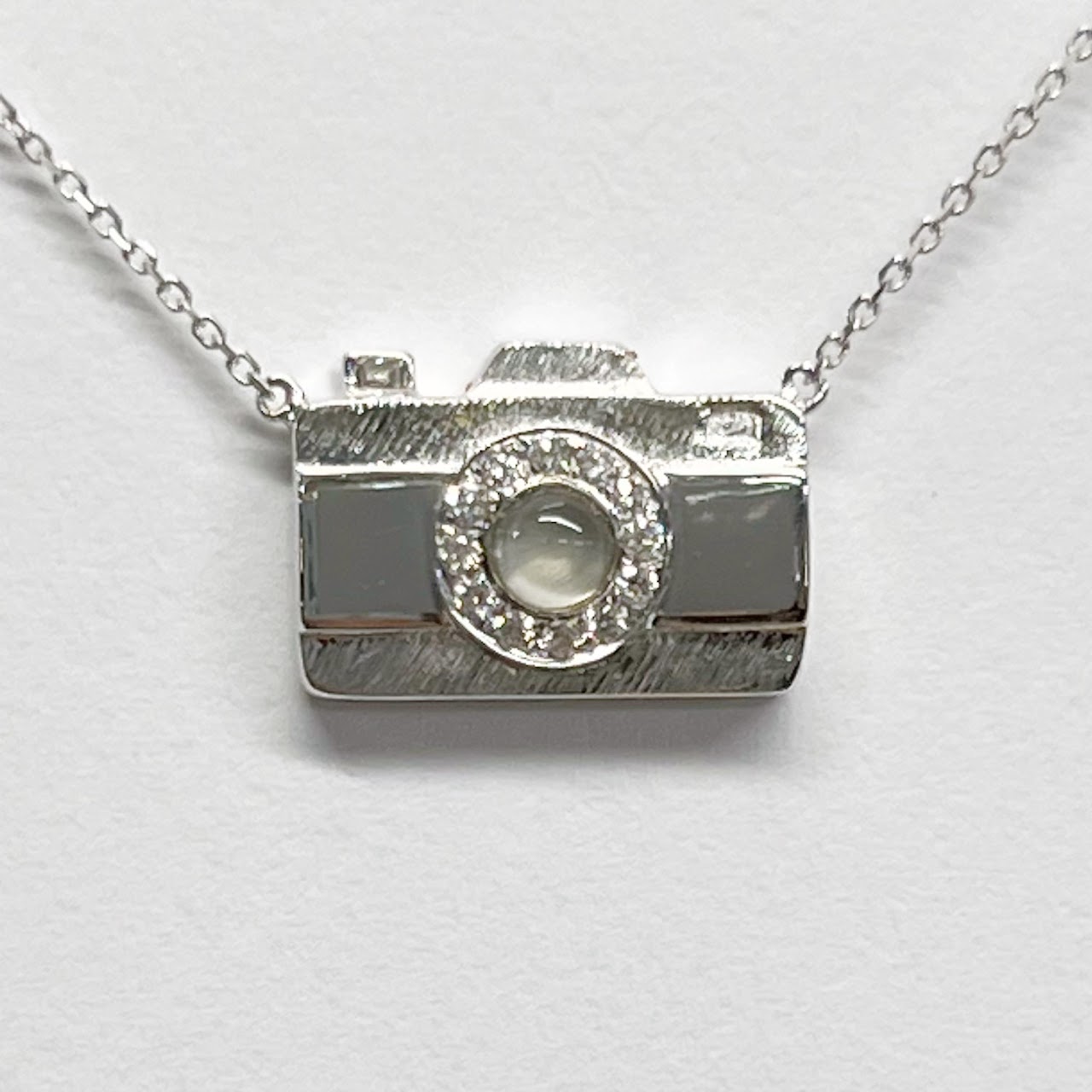 18K White Gold, Diamond, Enamel, and Opalescent Glass Camera Pendant Necklace