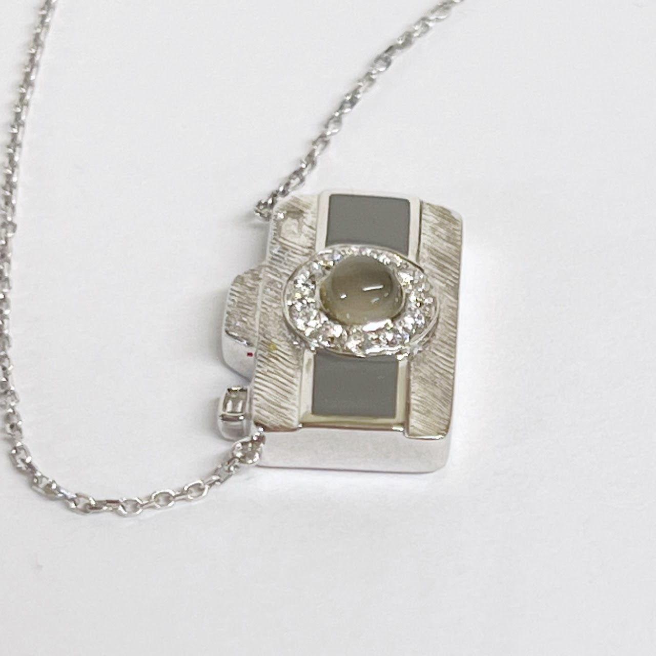 18K White Gold, Diamond, Enamel, and Opalescent Glass Camera Pendant Necklace