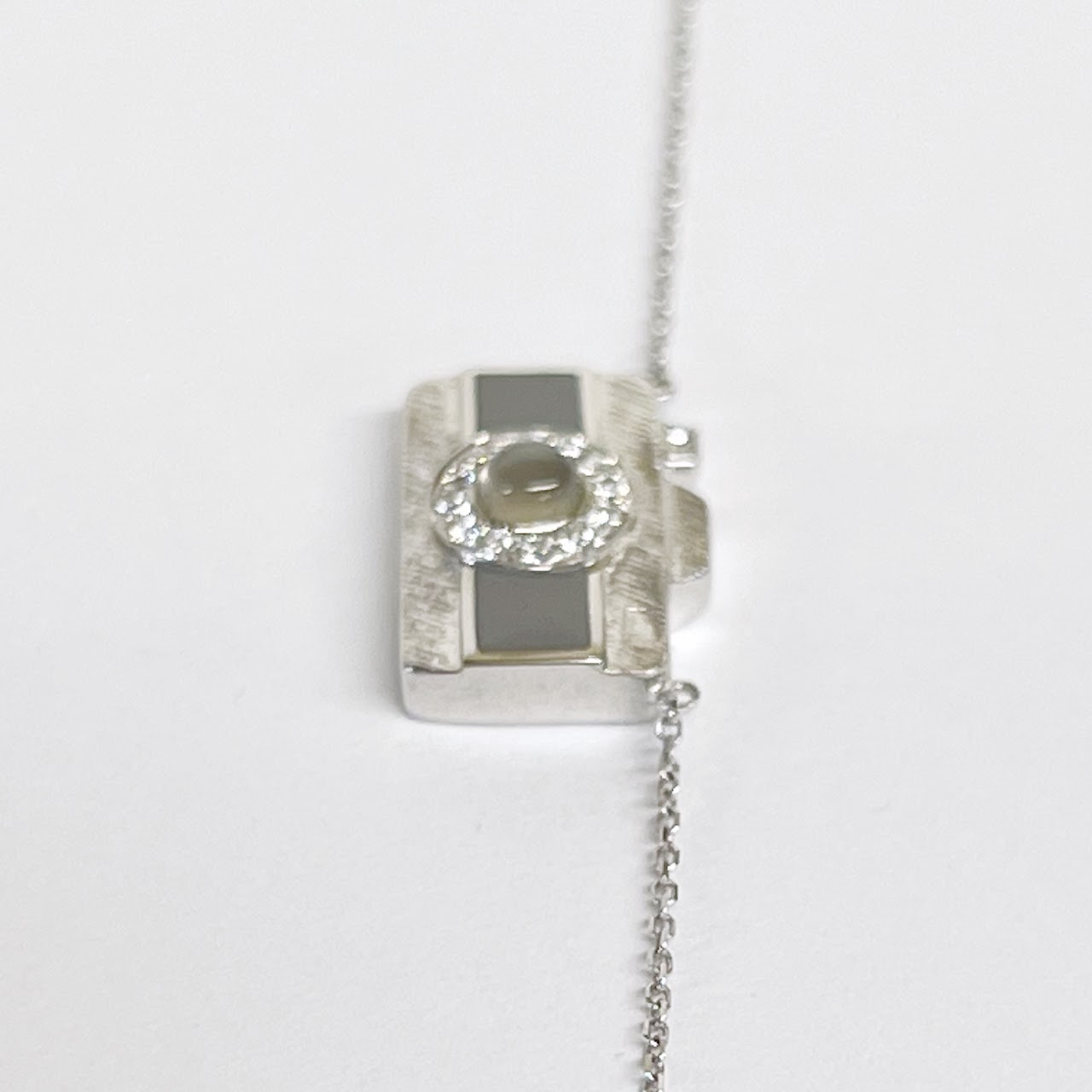 18K White Gold, Diamond, Enamel, and Opalescent Glass Camera Pendant Necklace