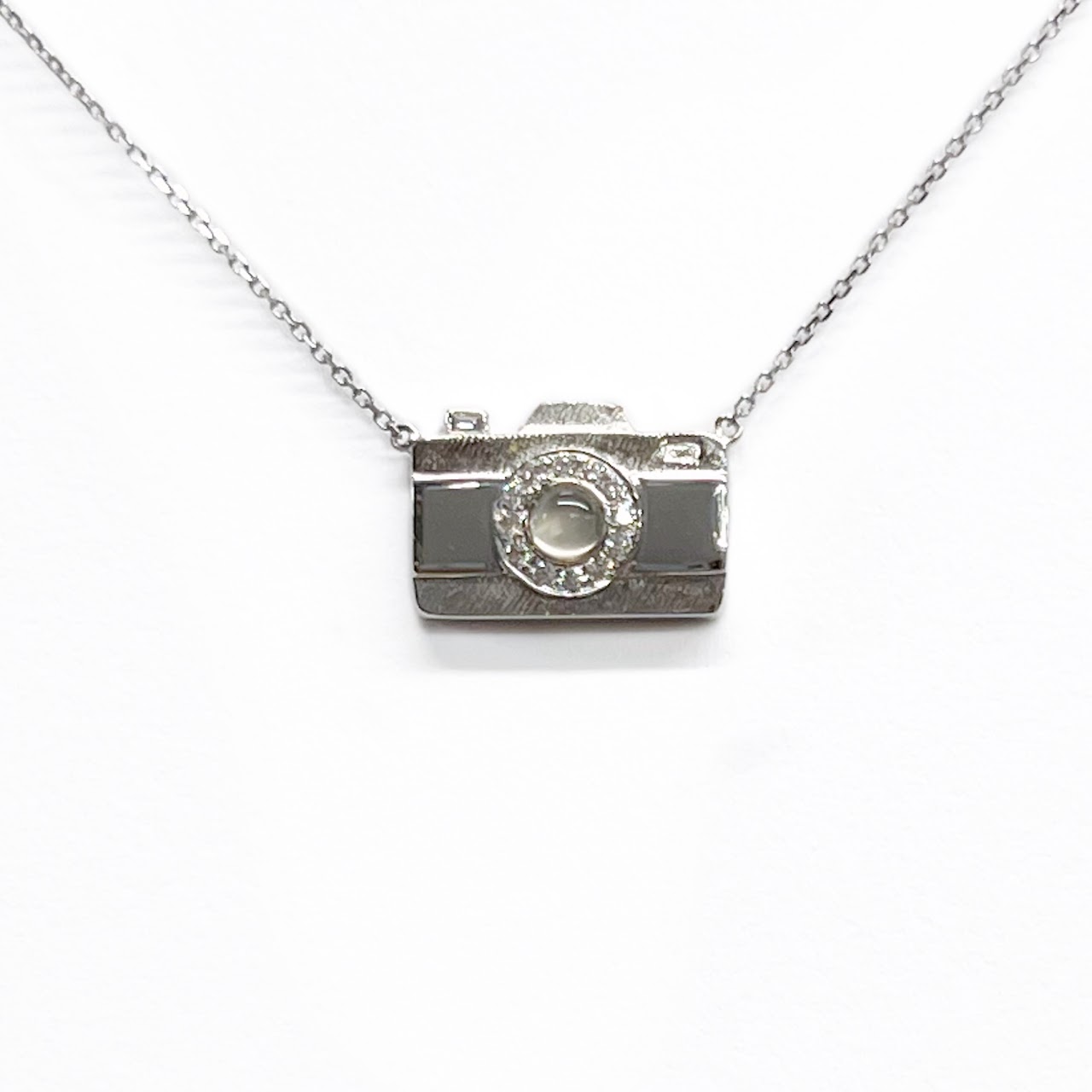 18K White Gold, Diamond, Enamel, and Opalescent Glass Camera Pendant Necklace