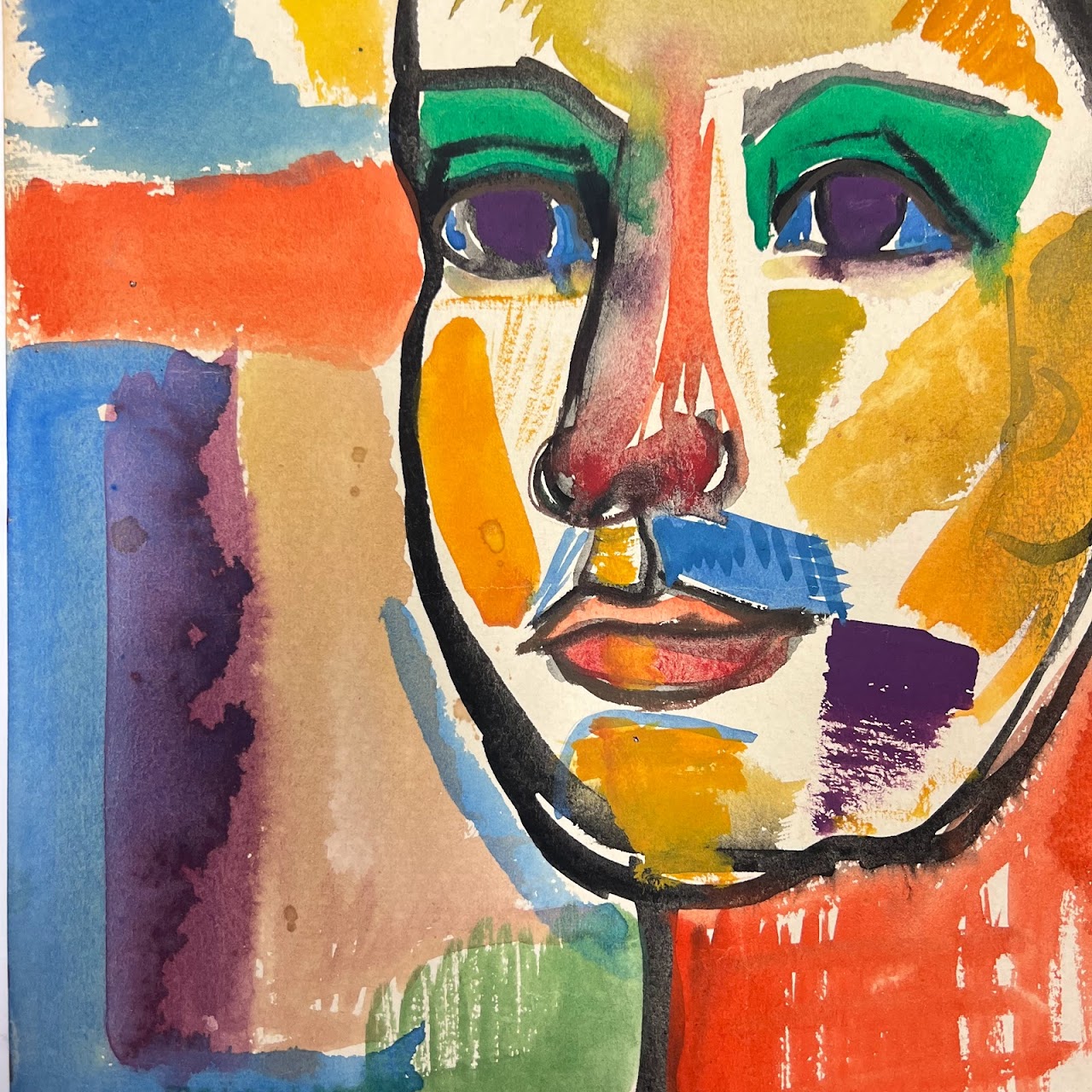 Expressionist Signed Watercolor Portrait Painting