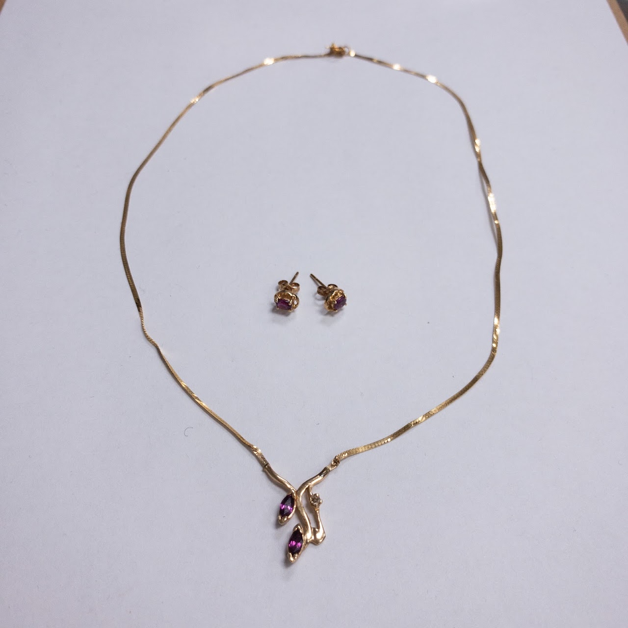 14K Gold. Ruby, and Diamond Necklace and Earring Ensemble