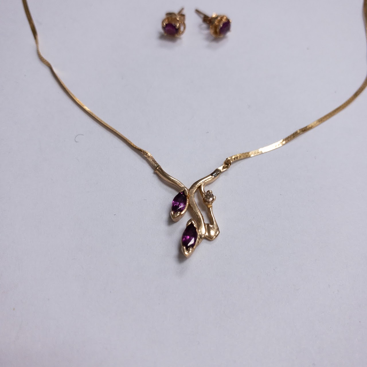 14K Gold. Ruby, and Diamond Necklace and Earring Ensemble