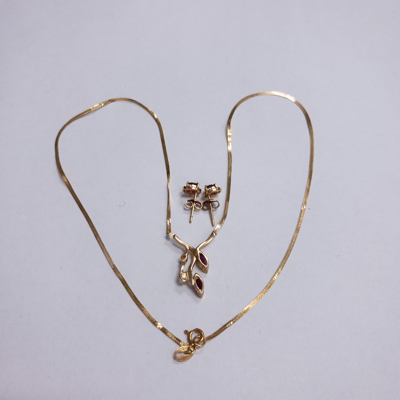 14K Gold. Ruby, and Diamond Necklace and Earring Ensemble