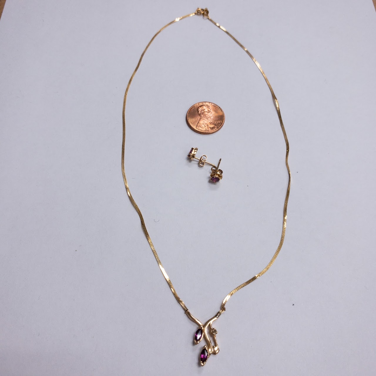 14K Gold. Ruby, and Diamond Necklace and Earring Ensemble