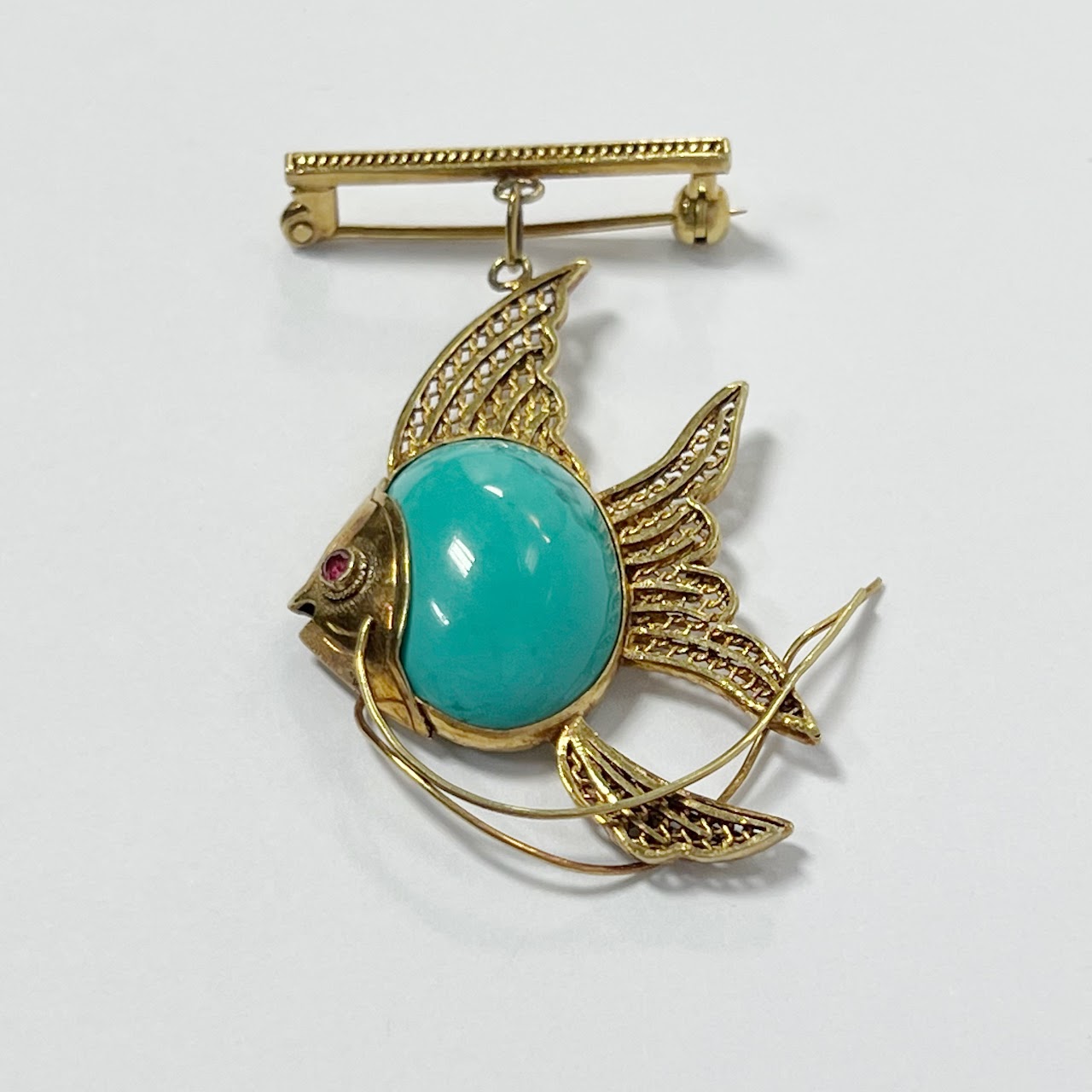 14K Gold, Turquoise & Ruby Vintage Fish Brooch