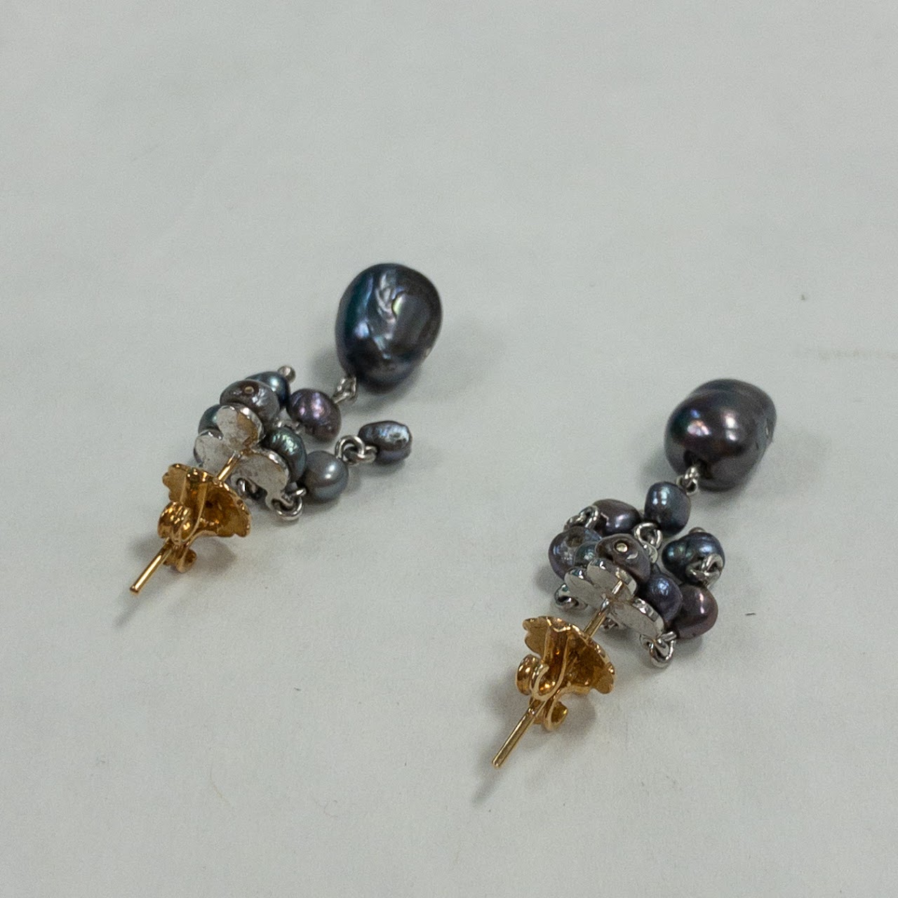 18K Gold Grey Pearl Drop Earrings