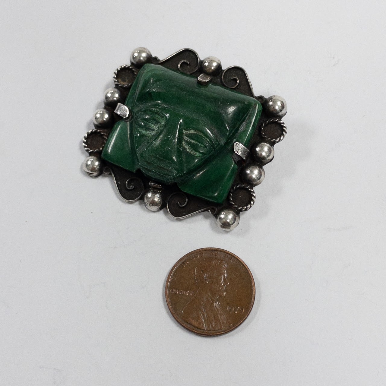 Sterling Silver Green Onyx Aztec Brooch