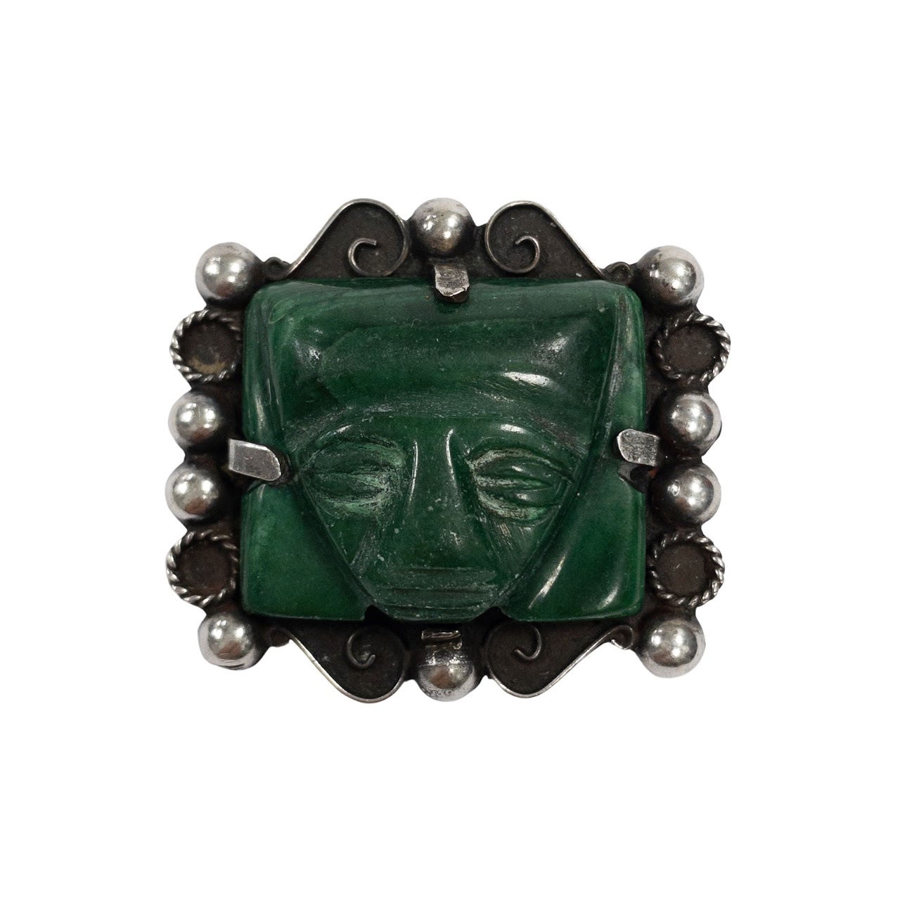 Sterling Silver Green Onyx Aztec Brooch