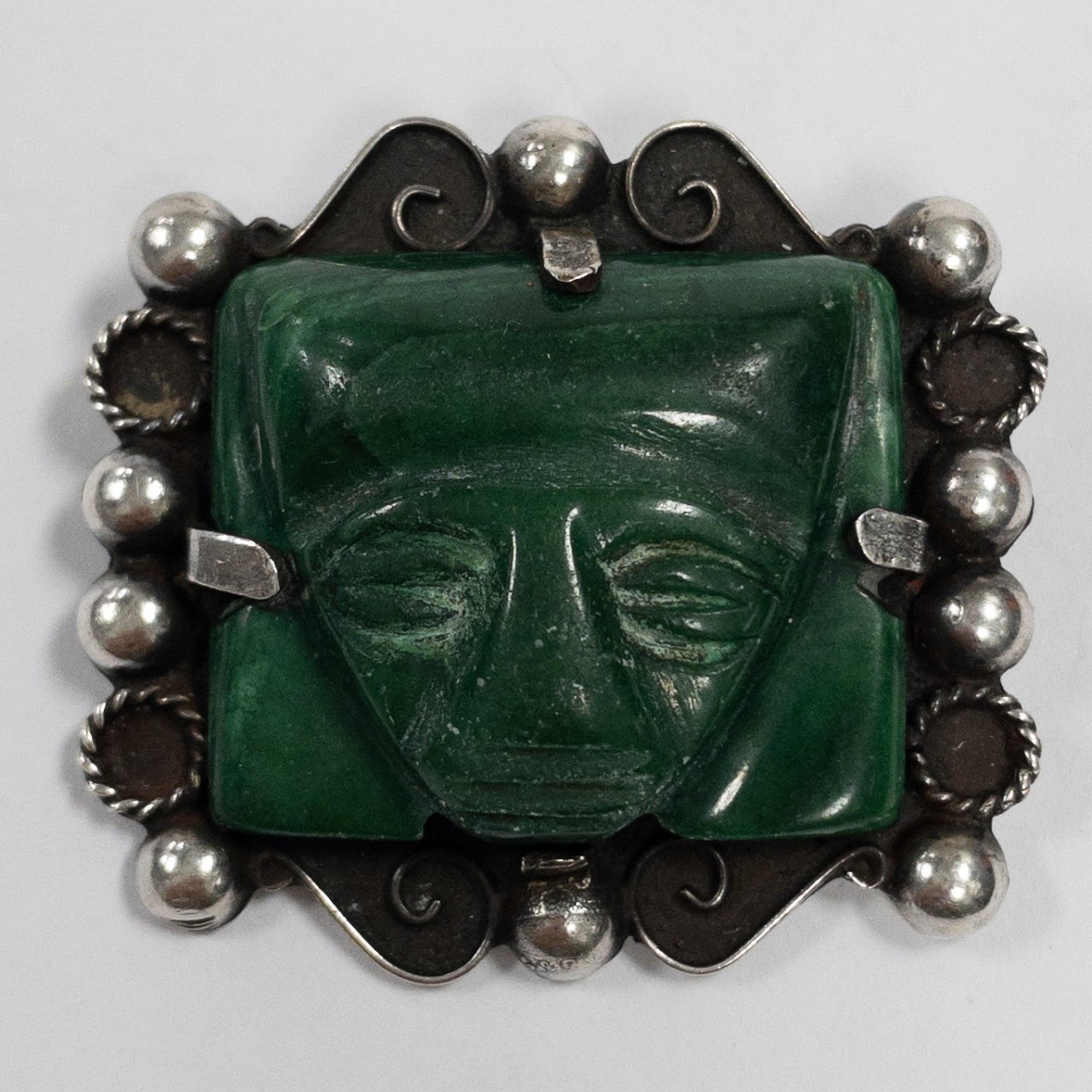 Sterling Silver Green Onyx Aztec Brooch