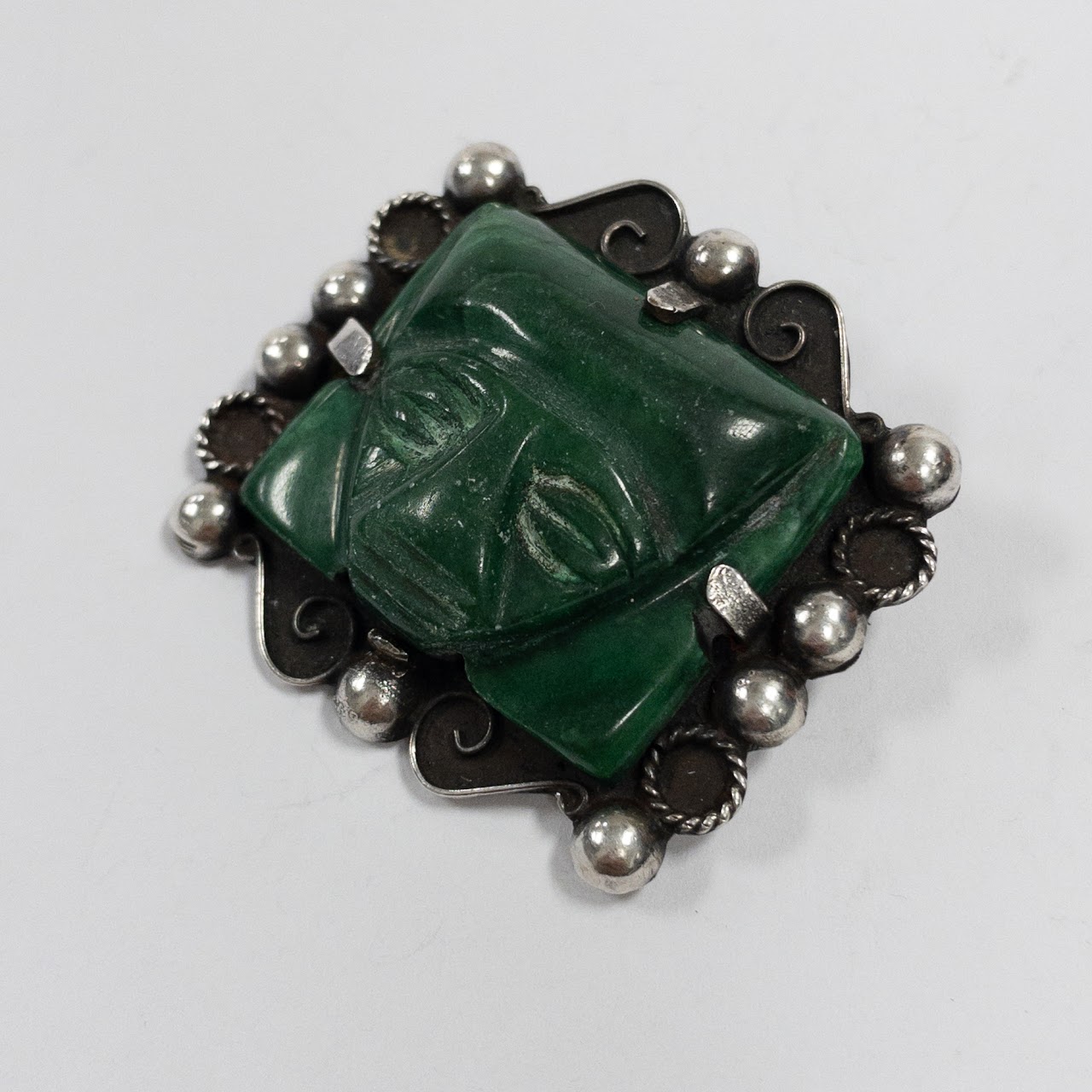 Sterling Silver Green Onyx Aztec Brooch