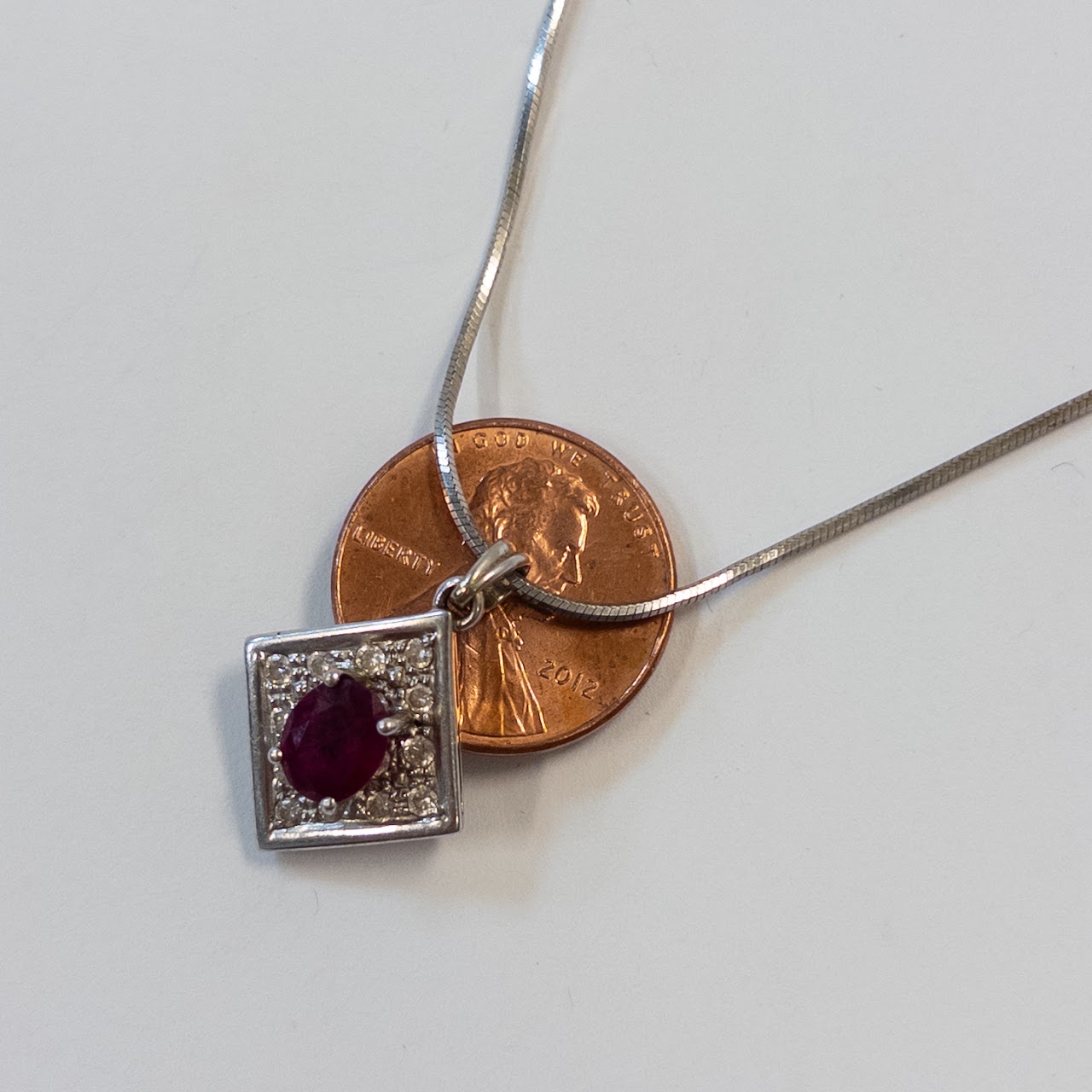 18K White Gold, Ruby and Diamond Pendant on Sterling Silver Chain