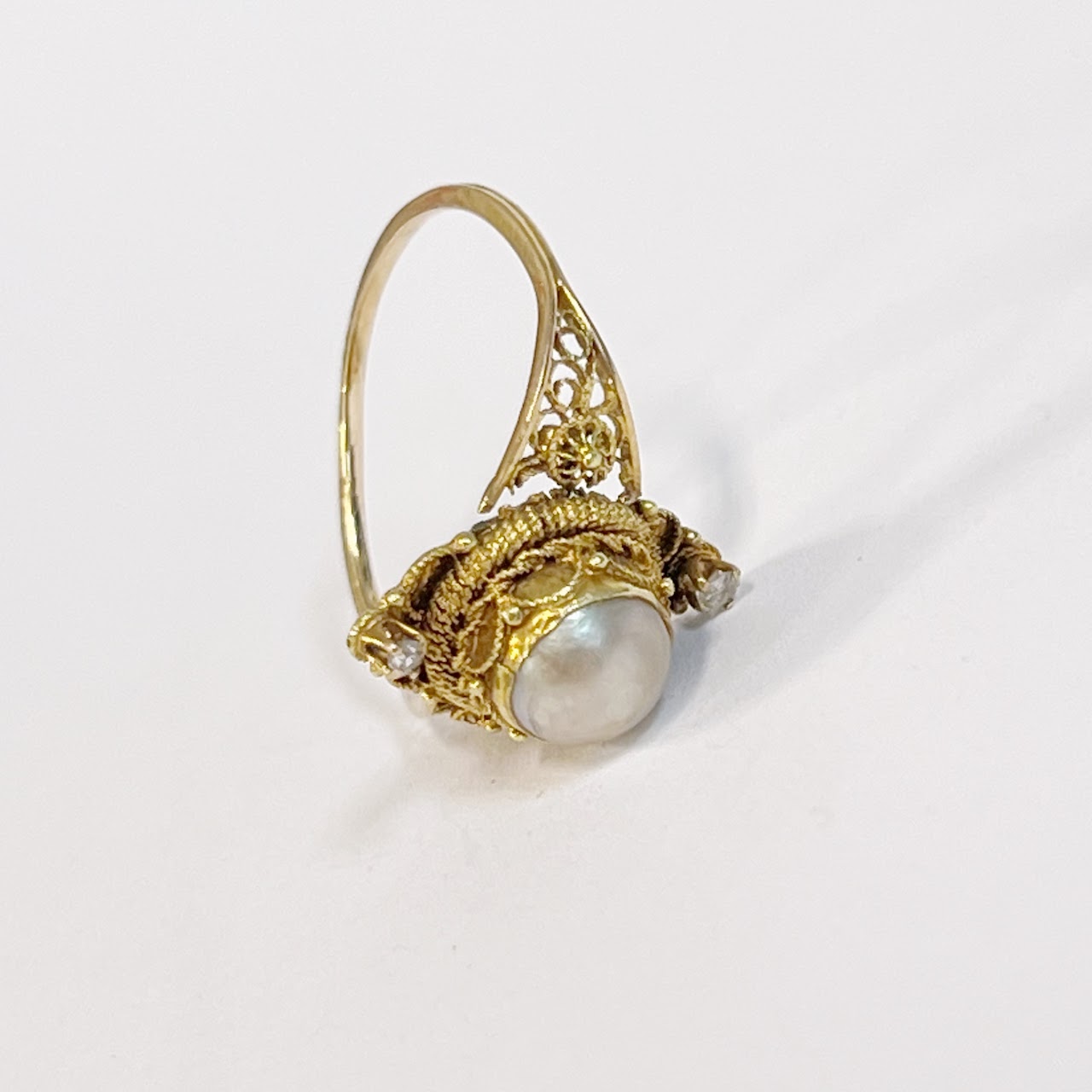 14K Gold, Pearl and Diamond Filigree Ring