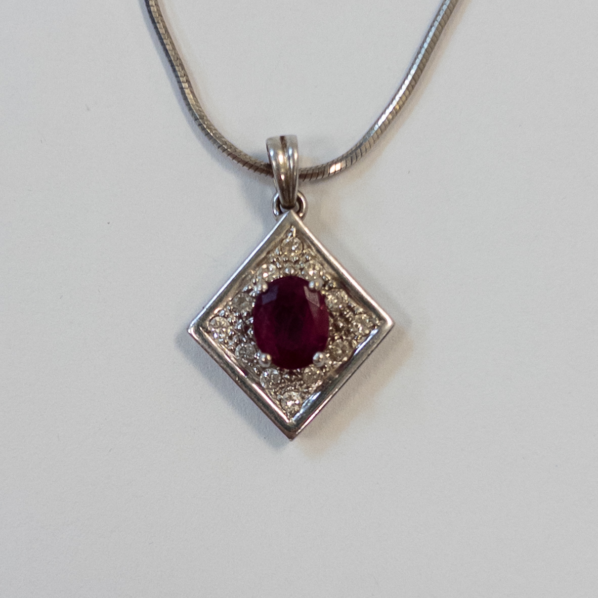 18K White Gold, Ruby and Diamond Pendant on Sterling Silver Chain