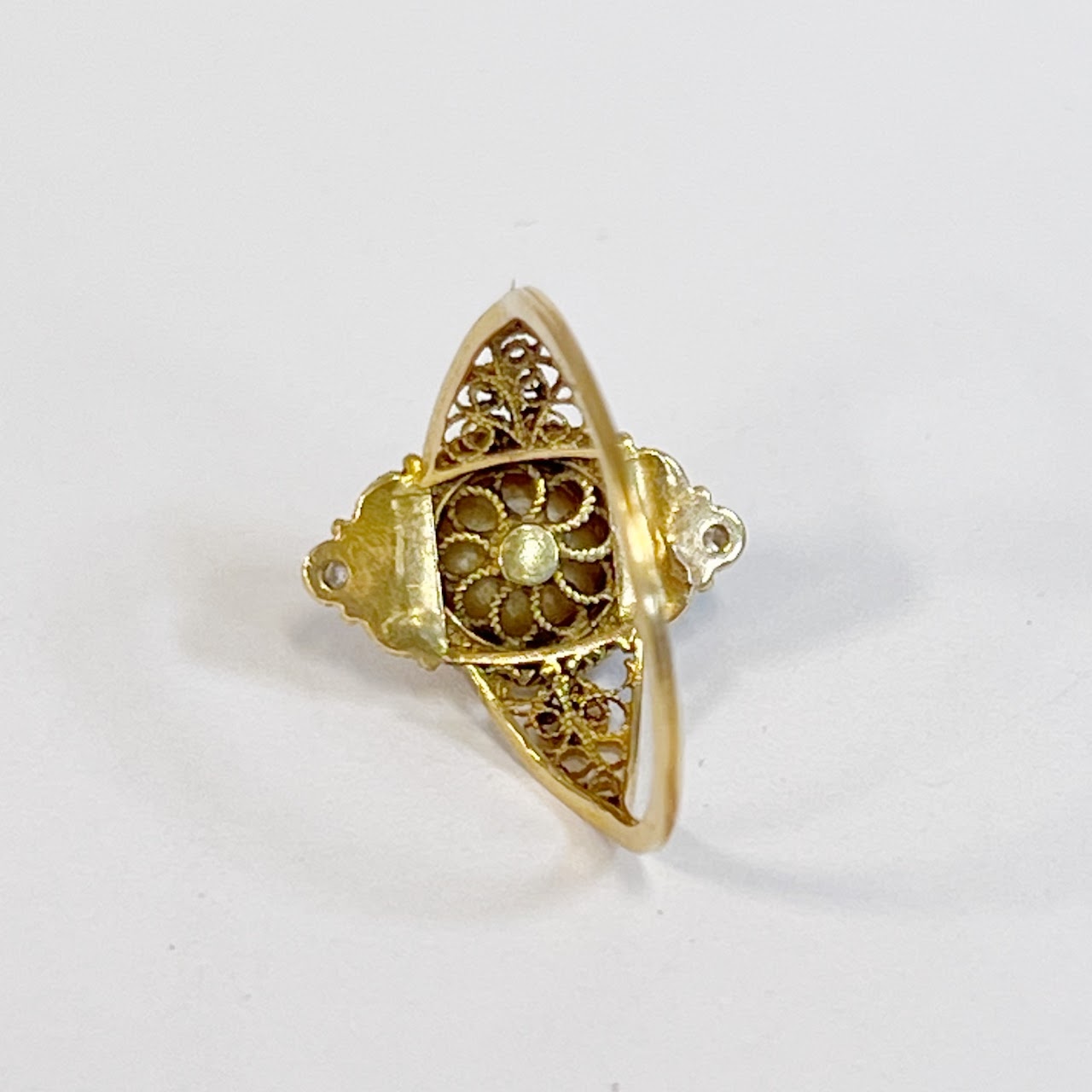 14K Gold, Pearl and Diamond Filigree Ring