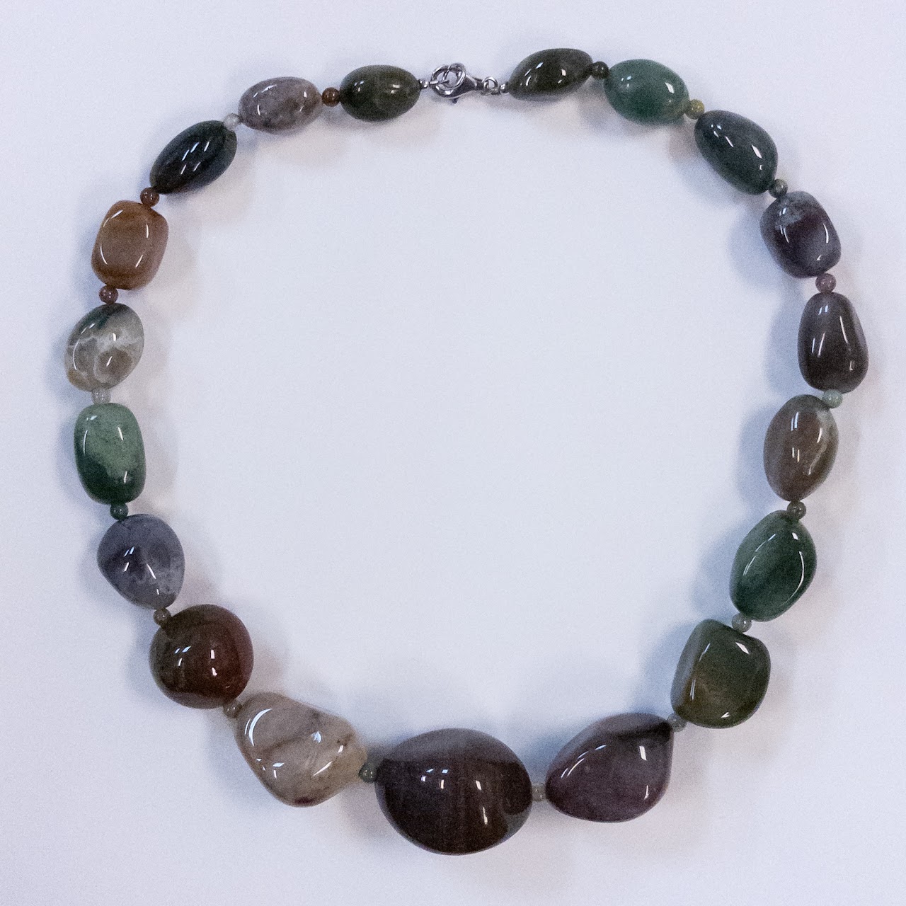 Agate, Jasper and Sterling Silver Polished Stone Necklace