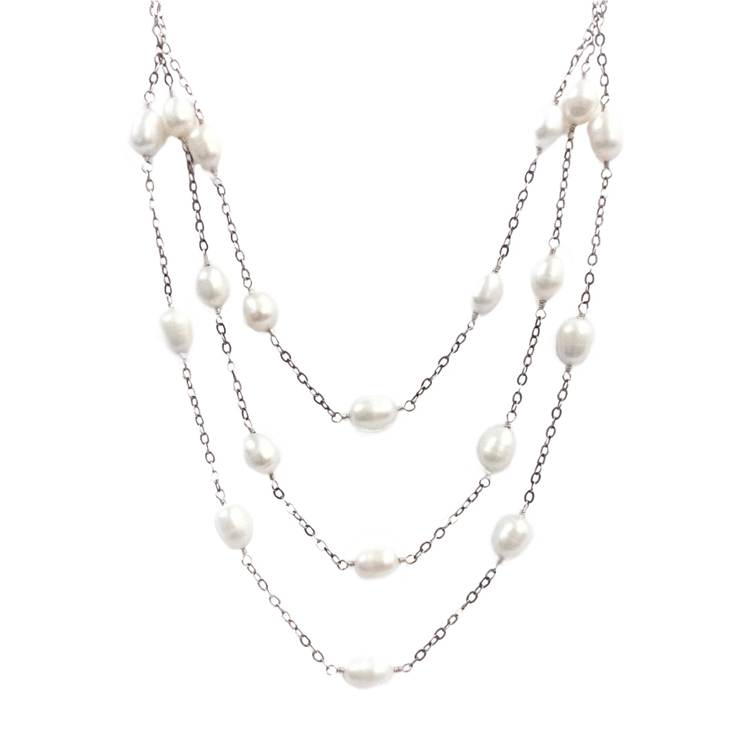 Sterling Silver and Freshwater Baroque Pearl Triple Strand Station Necklace