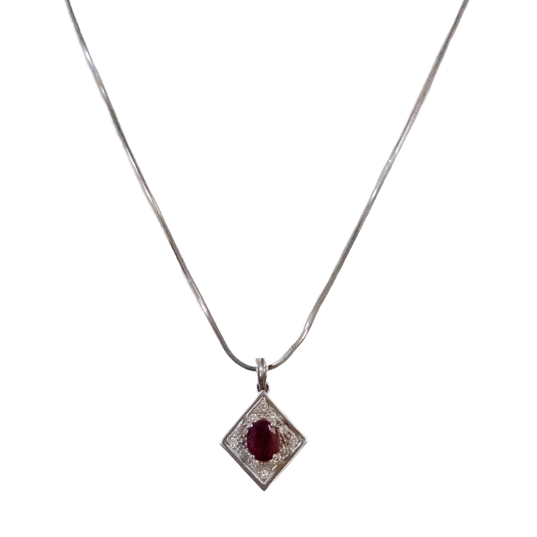 18K White Gold, Ruby and Diamond Pendant on Sterling Silver Chain