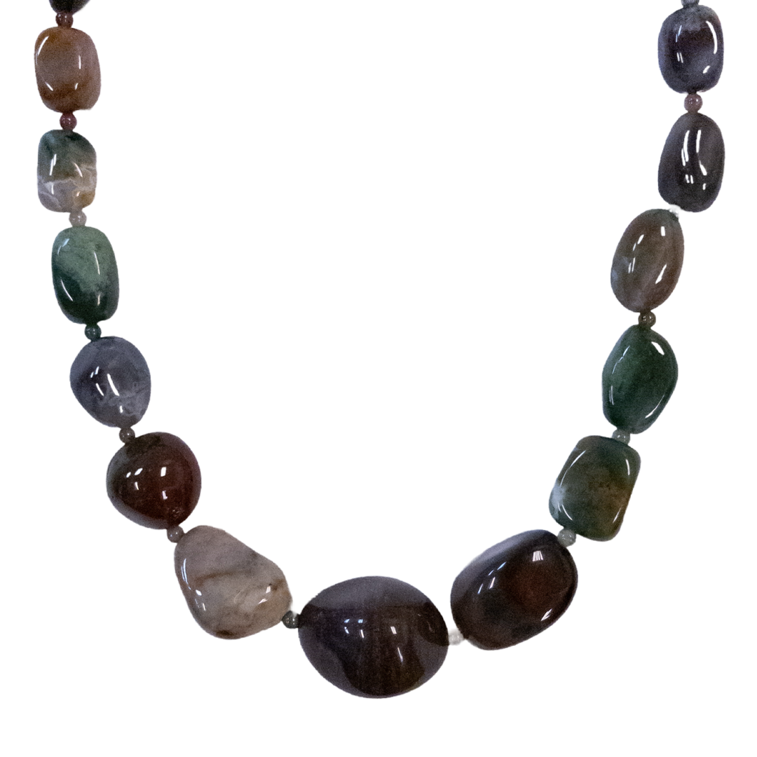 Agate, Jasper and Sterling Silver Polished Stone Necklace