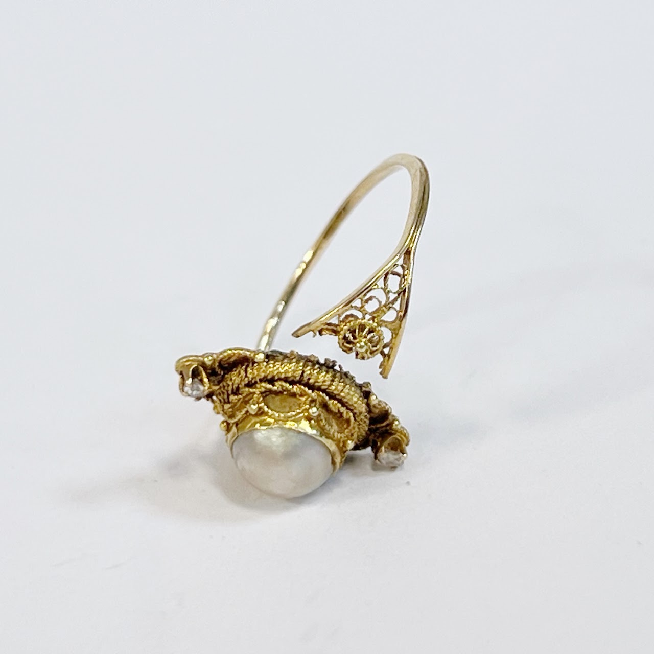 14K Gold, Pearl and Diamond Filigree Ring