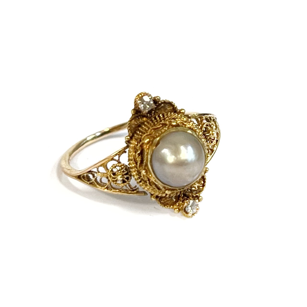 14K Gold, Pearl and Diamond Filigree Ring