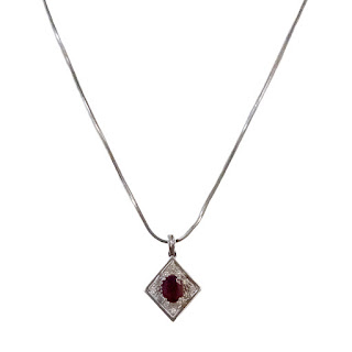 18K White Gold, Ruby and Diamond Pendant on Sterling Silver Chain