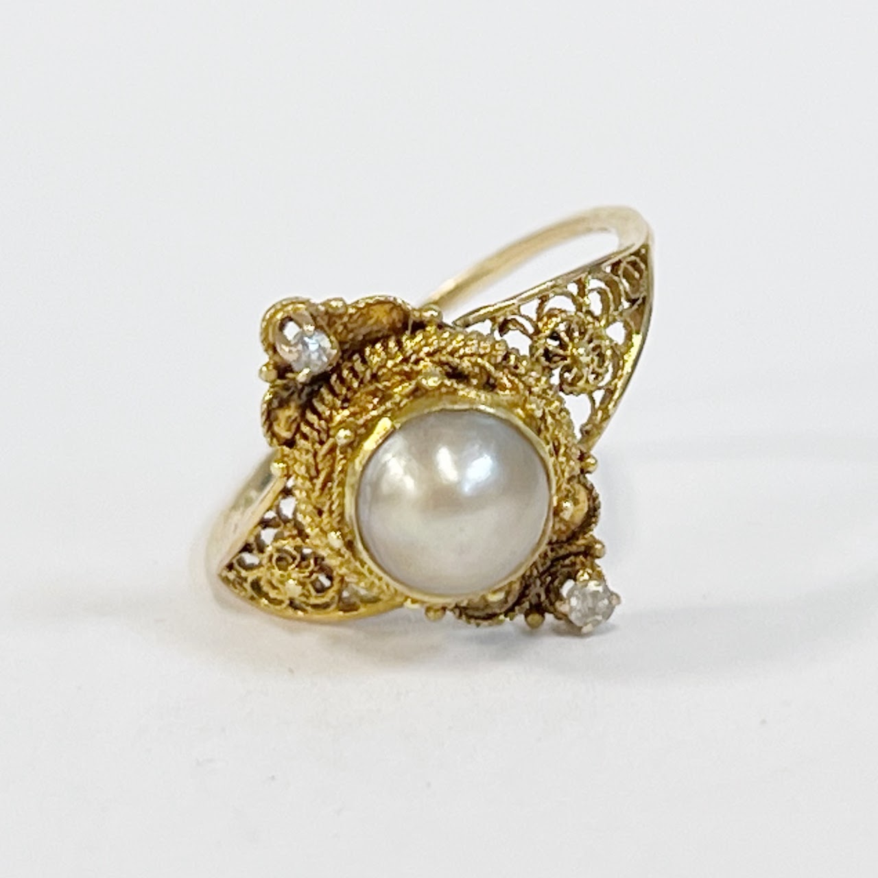 14K Gold, Pearl and Diamond Filigree Ring