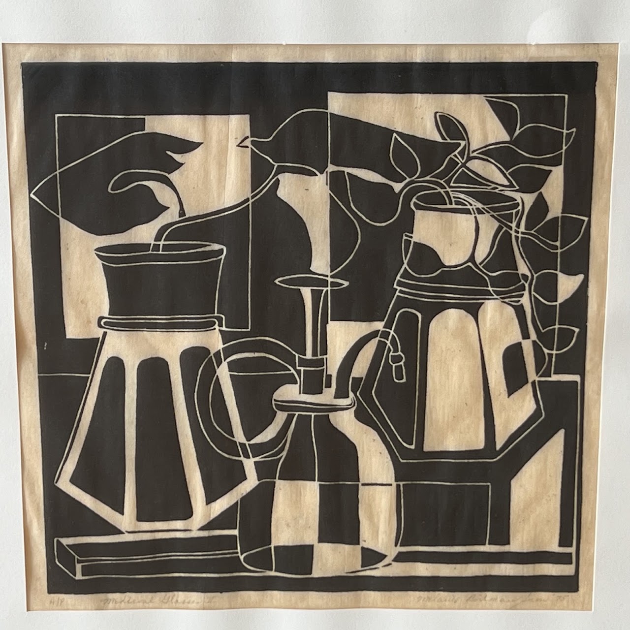 Melanie Snow 'Medieval Glasses II' Signed Woodcut, 1975