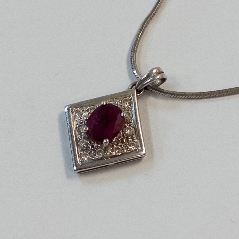 18K White Gold, Ruby and Diamond Pendant on Sterling Silver Chain