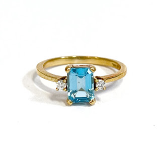 18K Gold Square Band Ring with Blue Stone and Flanking Diamonds