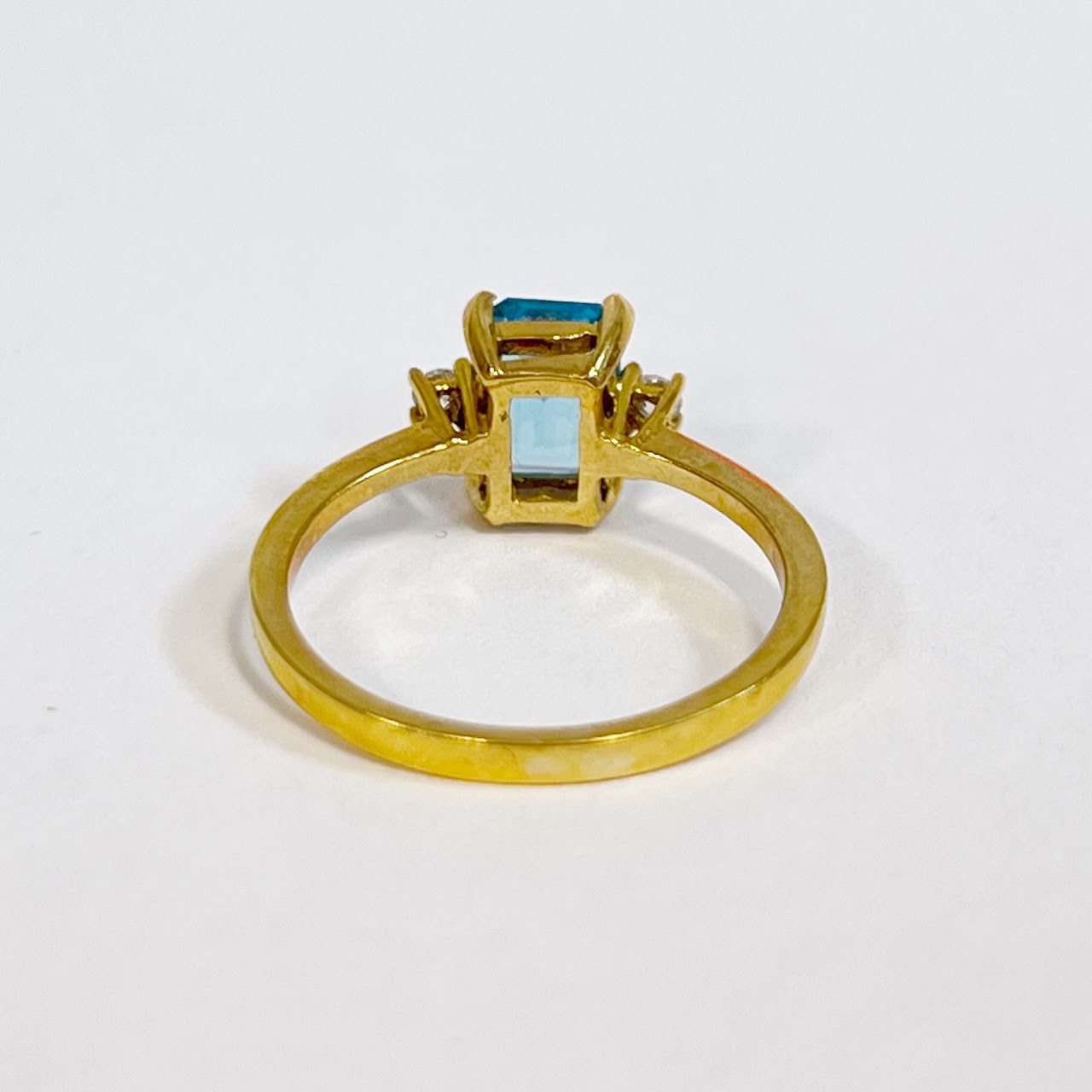 18K Gold Square Band Ring with Blue Stone and Flanking Diamonds