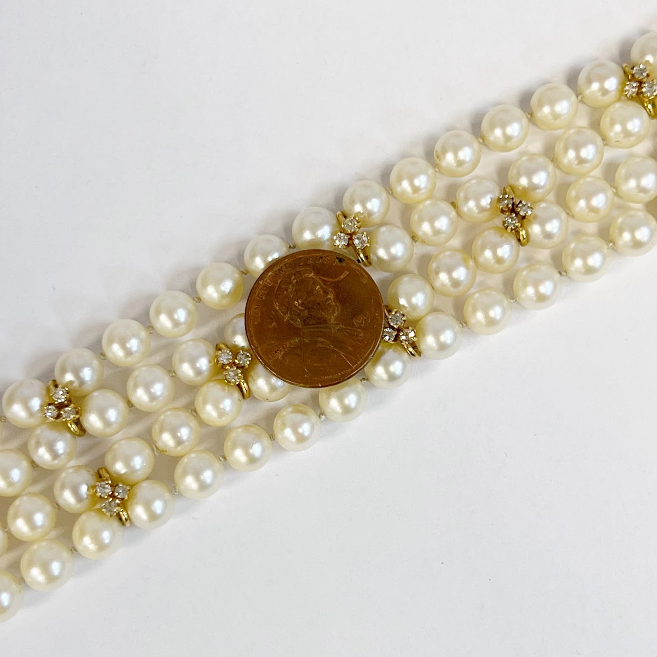 14K Gold, Pearl and Diamond Four Strand Bracelet