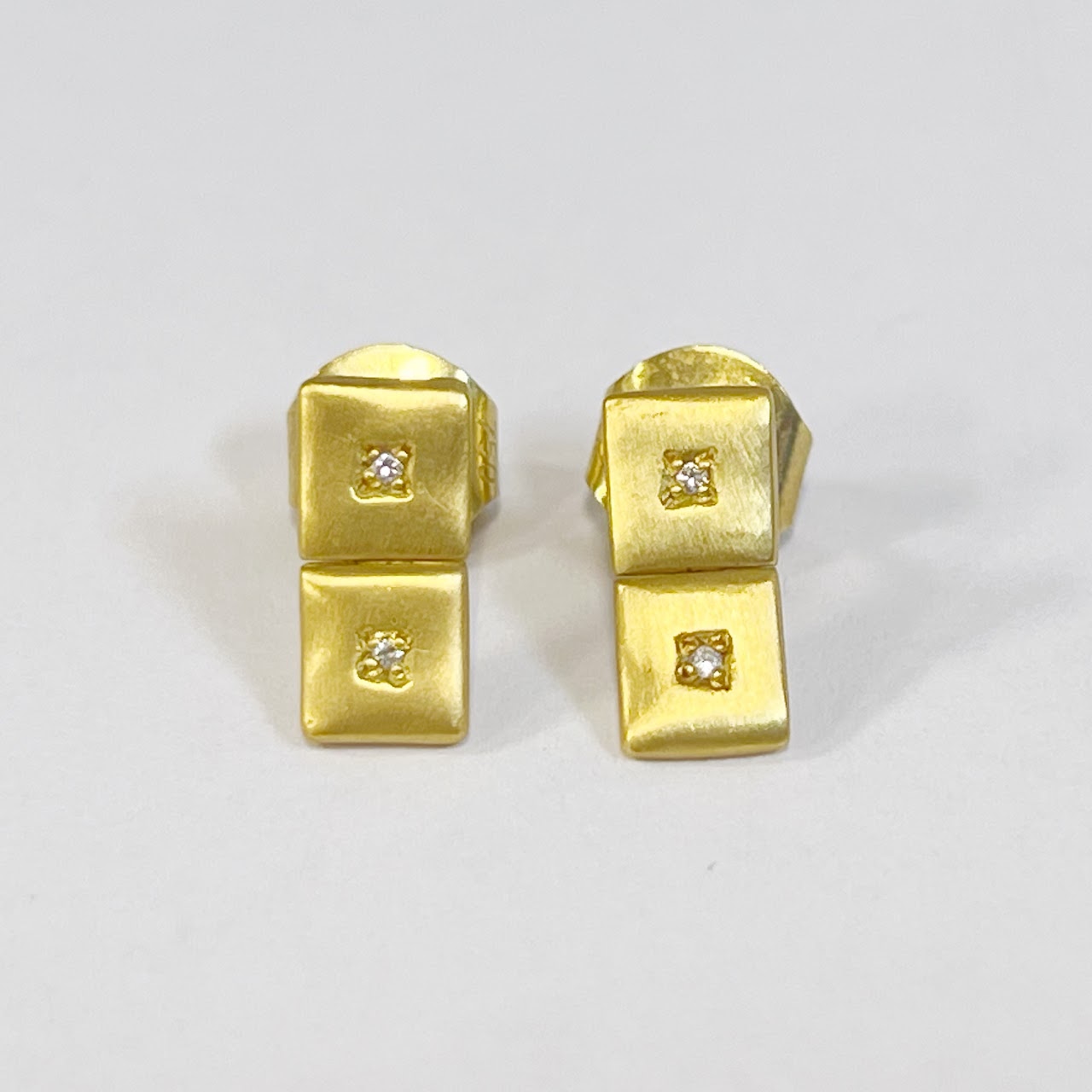 18K Gold Box Bar Earrings with Double Diamond Accents