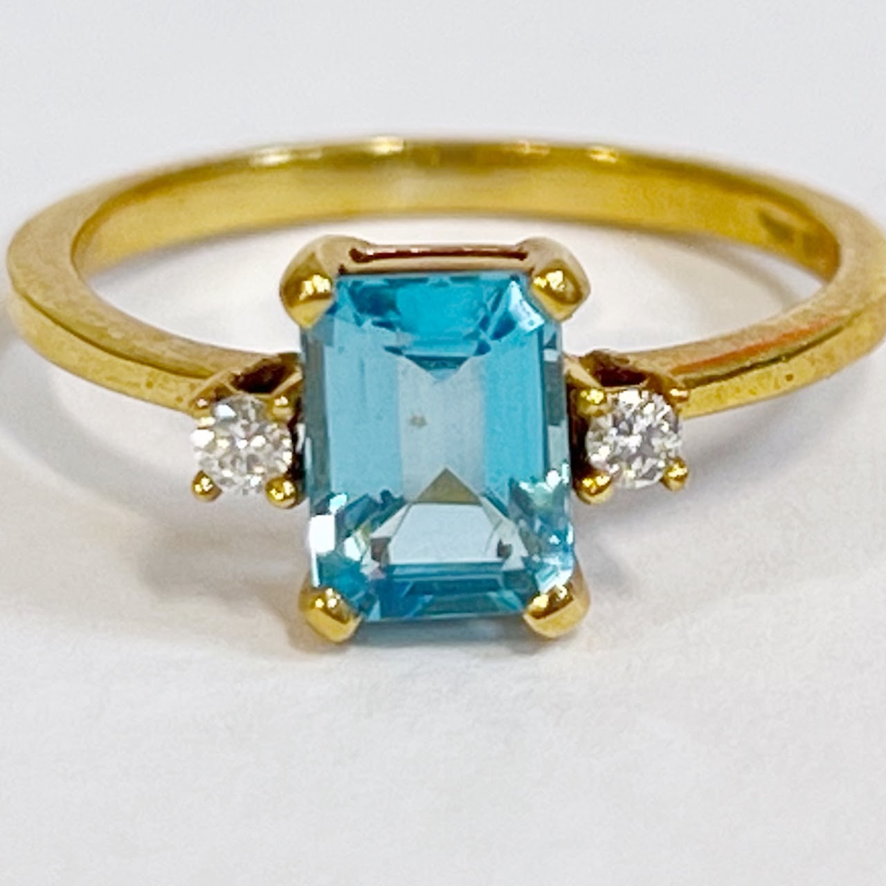 18K Gold Square Band Ring with Blue Stone and Flanking Diamonds