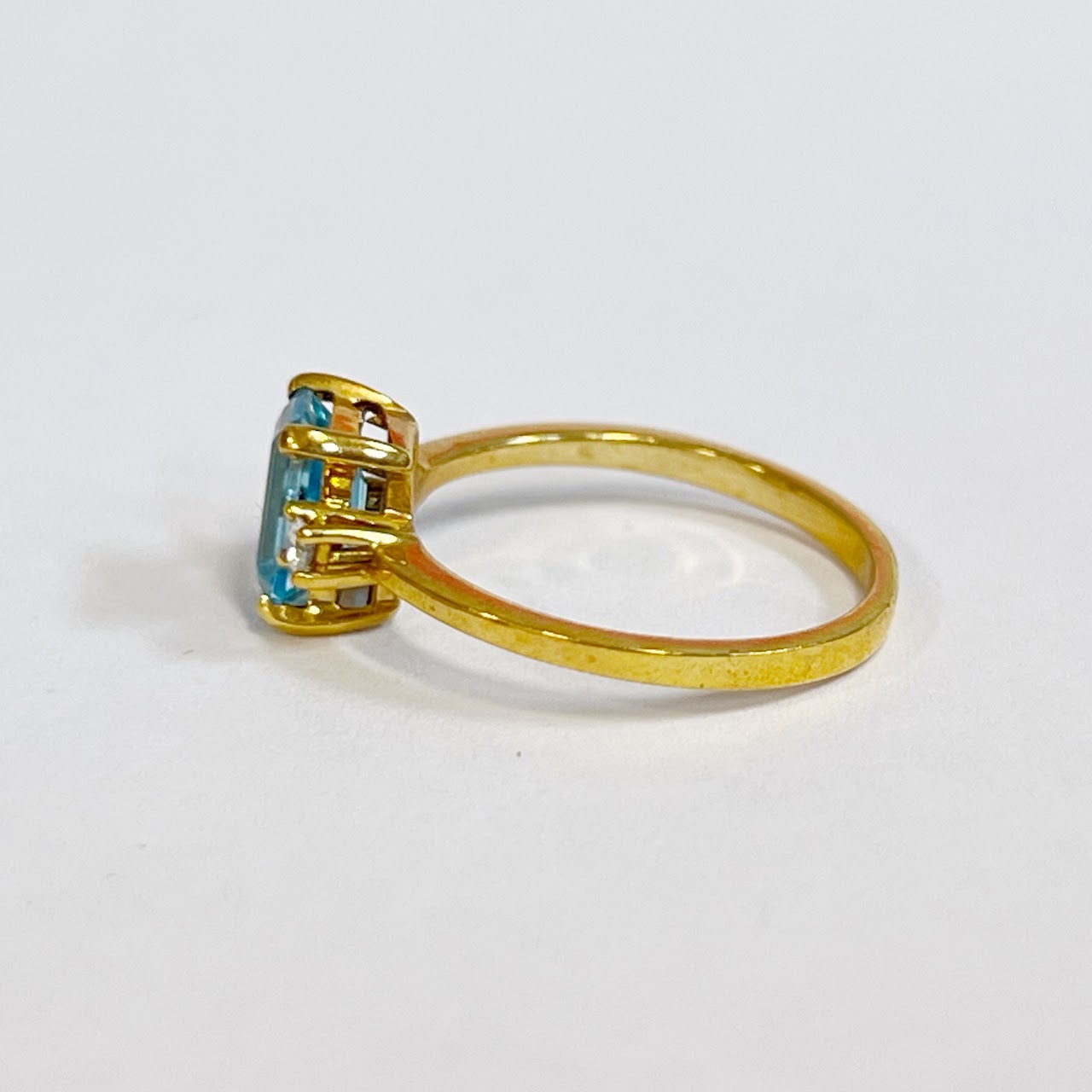 18K Gold Square Band Ring with Blue Stone and Flanking Diamonds