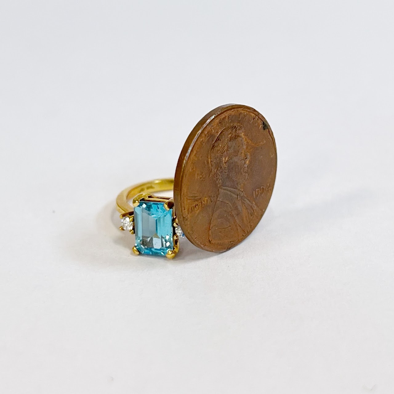 18K Gold Square Band Ring with Blue Stone and Flanking Diamonds