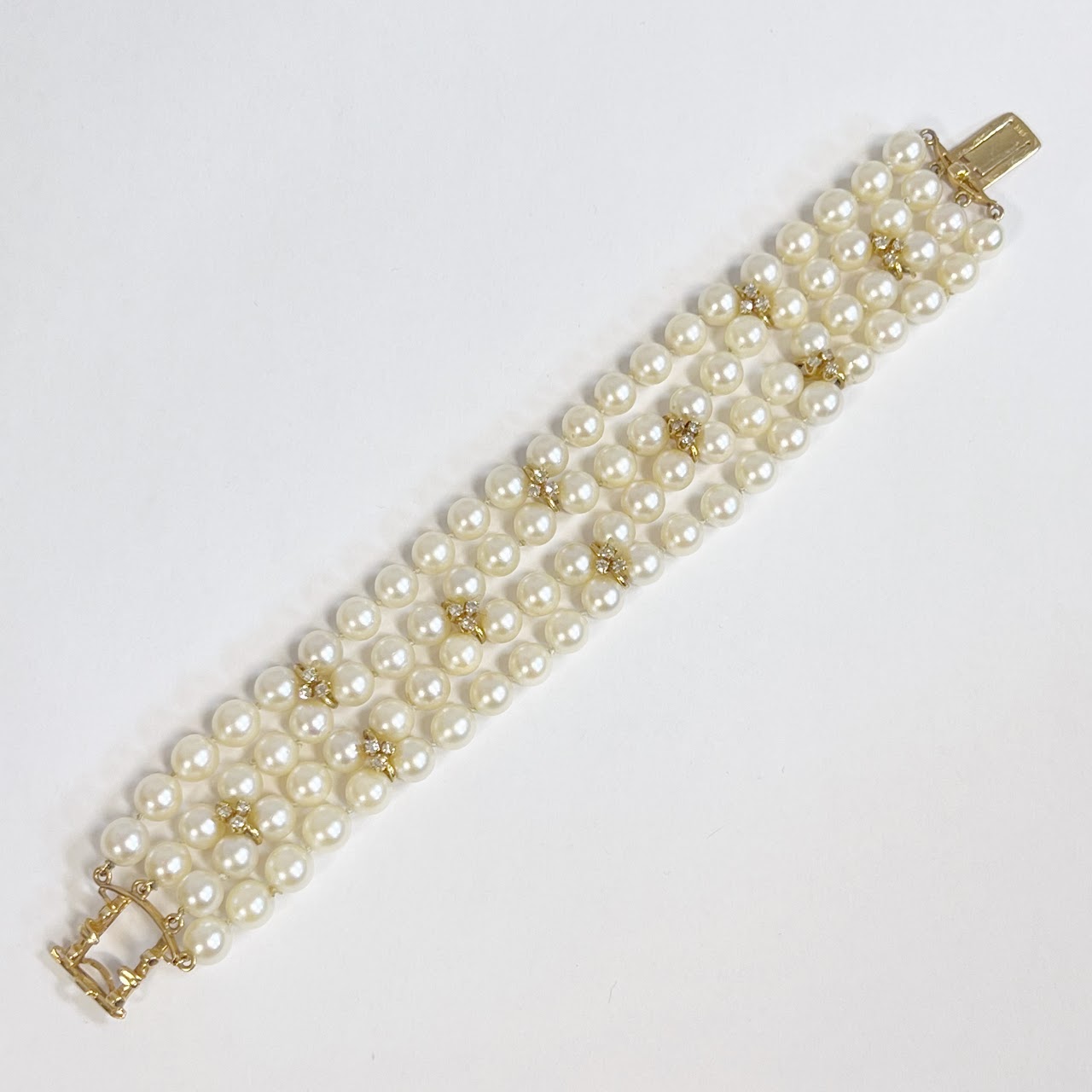 14K Gold, Pearl and Diamond Four Strand Bracelet