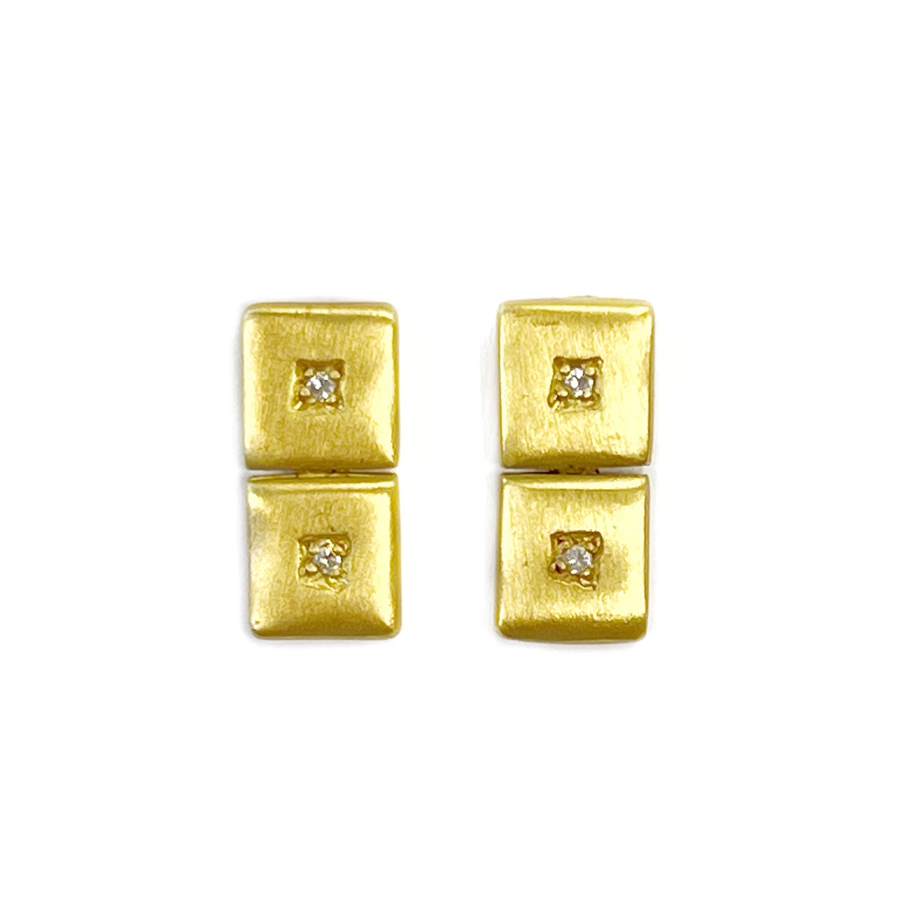 18K Gold Box Bar Earrings with Double Diamond Accents