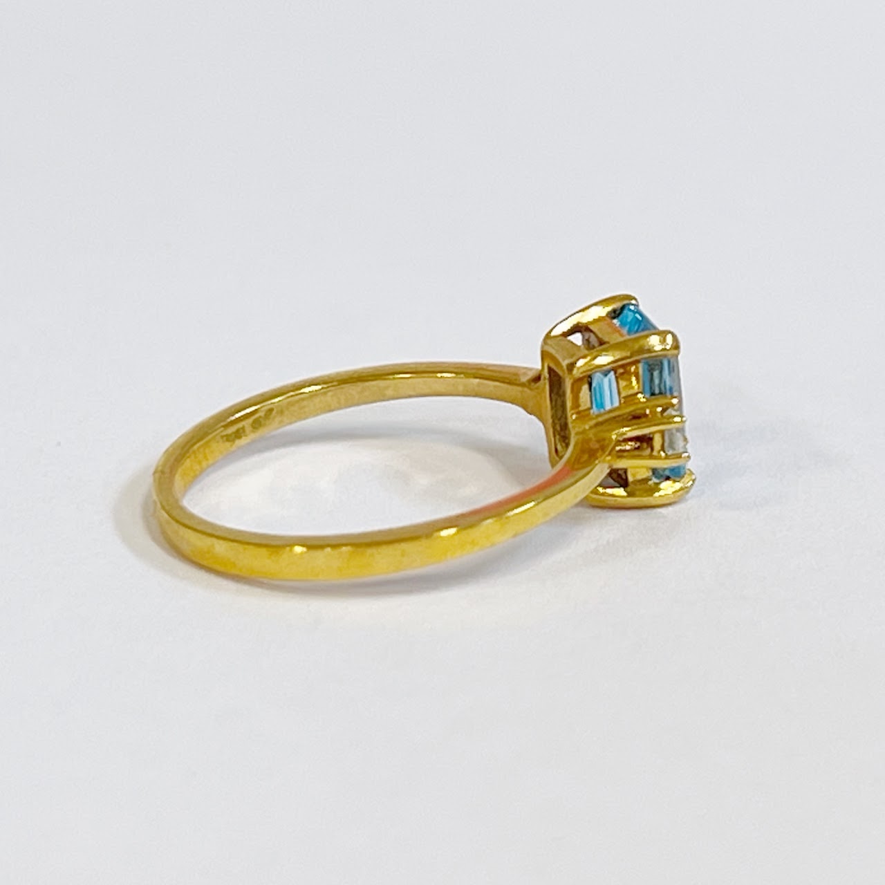 18K Gold Square Band Ring with Blue Stone and Flanking Diamonds