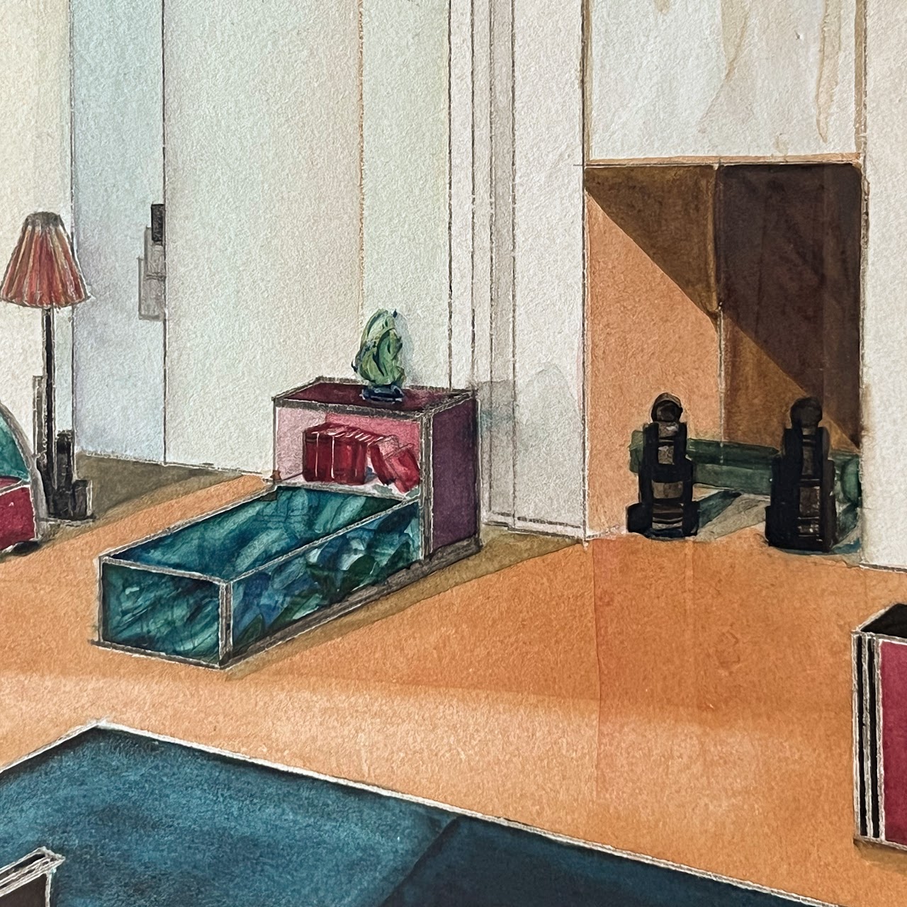 Mid-Century Modernist Interior Scene Watercolor Painting