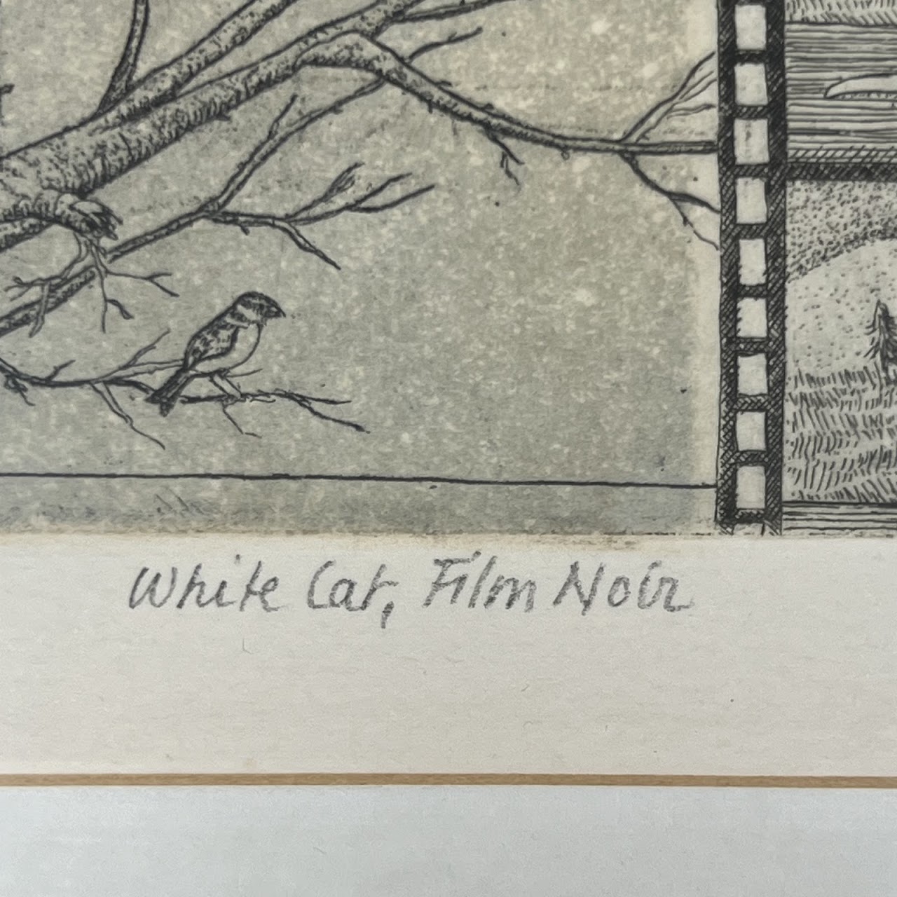 Amy Adshead 'White Cat, Film Noir' Signed Etching, 1996