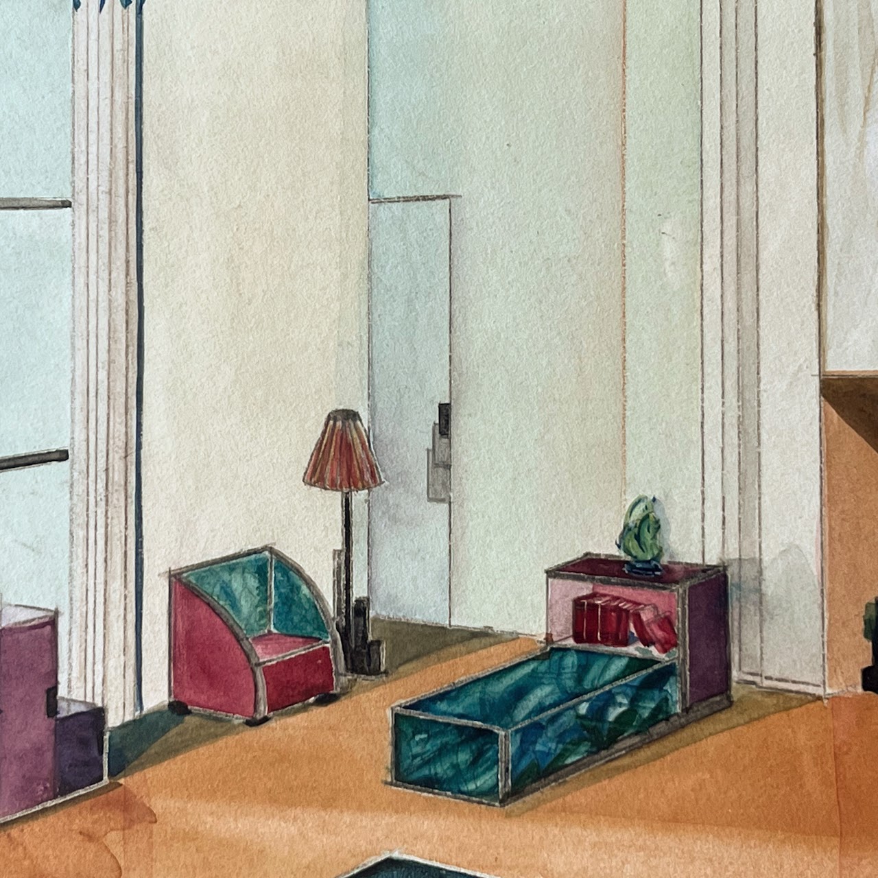 Mid-Century Modernist Interior Scene Watercolor Painting