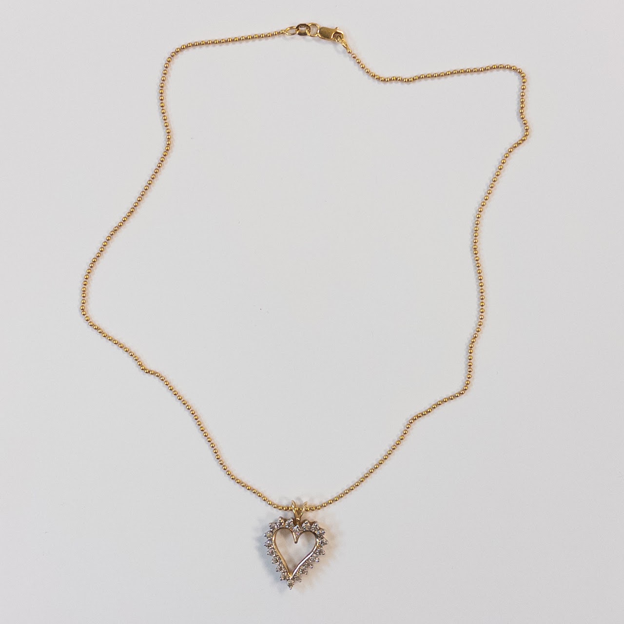 14K Gold Bead Chain Necklace with Diamond Heart Pendant