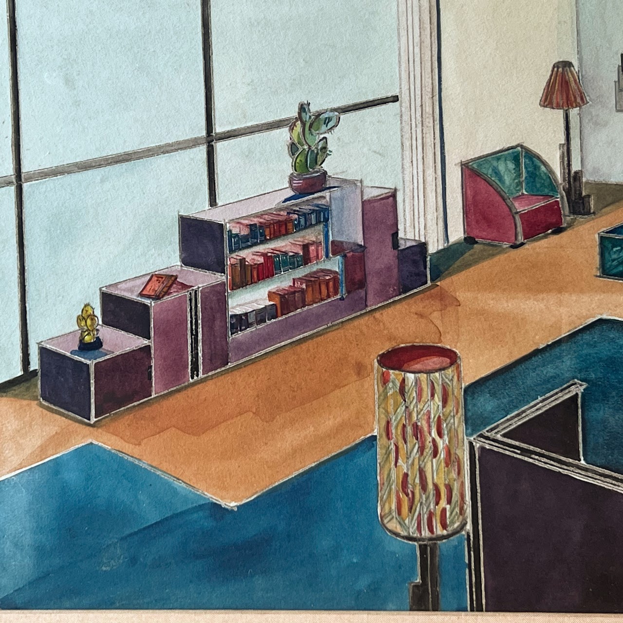 Mid-Century Modernist Interior Scene Watercolor Painting