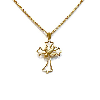 14K Gold Rope Chain Necklace with Dove and Cross Pendant